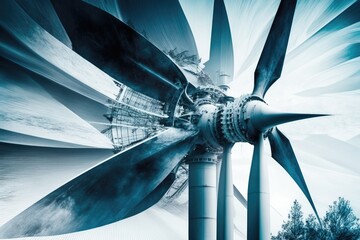 Wall Mural - energy industry double exposure with close-up of turbine blades and spinning, created with generative ai