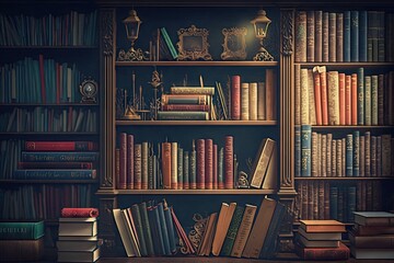 Wall Mural - bookshelf overflowing with books of different genres and styles, created with generative ai