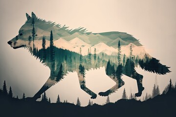 Wall Mural - double exposure of wolf running through forest and over mountain range, created with generative ai