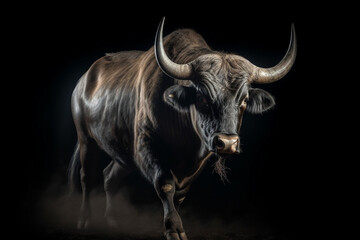 Poster - A massive bull walking angrily. Isolated on black. Generative AI