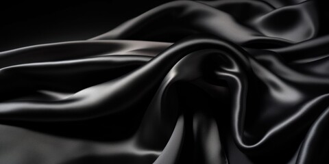 Dark black vintage silk satin. Dark black color. Luxury elegant background for design. Creases in fabric. Drapery. Shiny smooth silky surface. Wedding, romance. Wide banner. Panoramic
