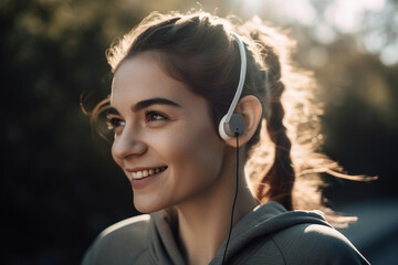 Beautiful young woman with headphones exercising in the street. Generative AI