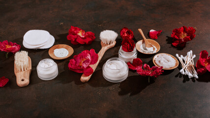 Poster - skincare products and dog rose flowers. zero waste eco friendly natural cosmetics for home spa