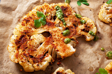 Wall Mural - cauliflower steaks with herb and spice on baking tray. plant based meat substitute