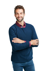 Poster - Portrait, fashion and arms crossed with man on png background for cool, handsome and attractive. Trendy, happy and confident with male isolated on transparent for carefree, cheerful and elegant style