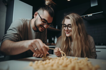 Beautiful young couple having fun cooking pasta together in a modern kitchen. Generative AI