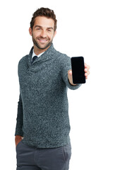 Poster - Phone, screen and portrait of business man for branding on isolated, png and transparent background. Communication, networking and male worker with smartphone for mobile app, social media and website