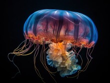  A Close Up Of A Jellyfish On A Black Background With A Blue And Yellow Jellyfish In The Middle Of The Frame, With A Black Background.  Generative Ai