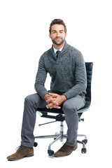 Poster - Business man, professional and portrait with smile for recruiting sitting on a chair. Happiness executive manager and smiling for recruit, hire or startup isolated on transparent, png background