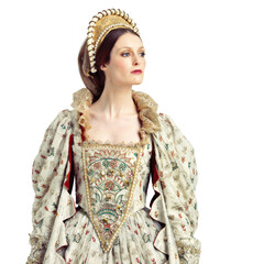 Woman, queen and royal costume on isolated, transparent and png background for theatre, drama and rehearsal. Victorian, fashion and female pose in medieval vintage dress, classic and royal aesthetic