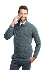 Poster - Phone call, communication portrait and business man happy about networking success. Smile, male employee or manager on mobile conversation for management isolated on transparent, png background
