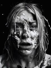 Wall Mural - A black and white photo of a woman covered in paint. AI generative image.