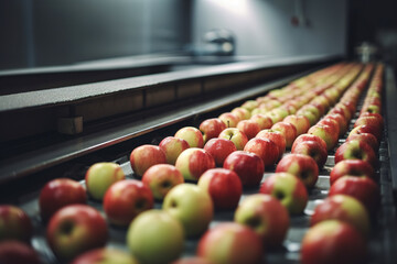 Apples in a food processing facility, clean and fresh, ready for automated packing. Concept for a healthy food company with automated manufacturing of food and fruits