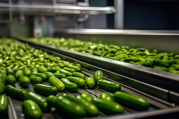 Cucumbers in a food processing facility, clean and fresh, ready for automated packaging. Concept for a healthy food company with automated manufacturing of food and fruits. Generative AI