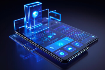 Smartphone screen with smart home technologies on a blue backdrop. Internet of things isometric conceptual image. Digital Residence utilizing a mobile phone's fingerprint. Generative AI