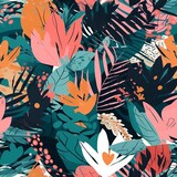 Fototapeta Młodzieżowe - A cutting edge strong organize highlighting a charming, colorful tropical grow organize with inquisitively botanical components. Seamless pattern, AI Generated