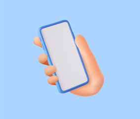 3d hand holding mobile phone with empty screen