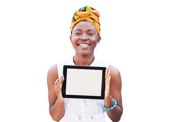 Portrait black woman, tablet screen and mockup for social media, contact us or branding app. Happy girl, blank and tech for logo, contact and digital website isolated on transparent png background