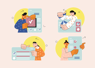 Aufkleber - Daily planning set concept with people scene in the flat cartoon design. People review lists of things they have to do in the near future. Vector illustration.