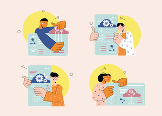 Aufkleber - Cloud service set concept with people scene in the flat cartoon style. Technicians work with data that is uploaded to the cloud environment. Vector illustration.