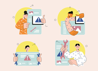 Poster - Set concept Technical support with people scene in the flat cartoon design. Employees of the technical support center configure gadgets for customers. Vector illustration.