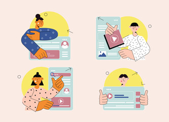 Aufkleber - Online education set concept with people scene in the flat cartoon style. Young people acquire new information and knowledge from the Internet. Vector illustration.