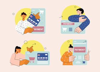 Aufkleber - Online payment set concept with people scene in the flat cartoon design. Men and women pay for various goods in online stores by card. Vector illustration.