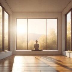 Wall Mural - Experience a moment of serene tranquility as a woman sits in front of a window, immersed in meditation, with a breathtaking natural view at sunset. Generative AI