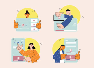Aufkleber - Set concept watching video with people scene in the flat cartoon design. Boys and girls watch different videos on the YouTube. Vector illustration.