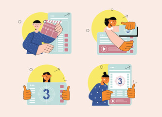 Aufkleber - Set concept online cinema with people scene in the flat cartoon design. Young people decided to relax and watch the films at home. Vector illustration.