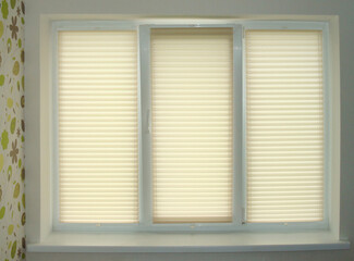 Aufkleber - Pleated blinds close-up on the window in the interior. Home blinds - cordless pleated modern shades on apartment windows. Bottom up top down pleated curtains. Beige color fabric. Closed.