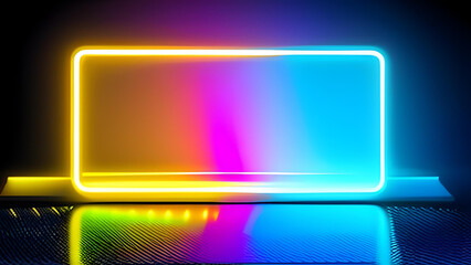Wall Mural - neon rectangle frame or neon lights horizontal sign. abstract background, tunnel, portal. geometric 