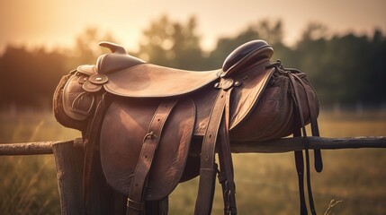  a brown saddle on a wooden fence in a field of grass and trees in the background is the sun shining through the trees and the sky.  generative ai