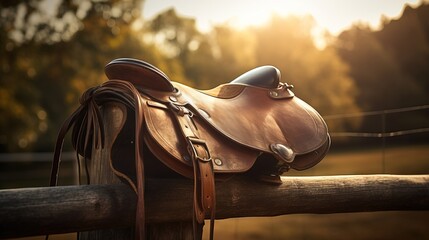  a saddle sitting on top of a wooden rail next to a fence in a field with trees in the background and a fence in the foreground.  generative ai