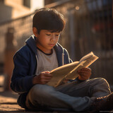 Fototapeta Dinusie - niño leyendo en la calle