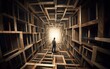 Surreal picture, a person standing in a room with wooden shelves. AI generative image.