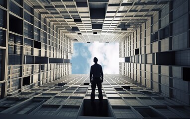 Wall Mural - surreal picture, a man standing in the middle of a building. ai generative image.