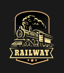 Retro train, vintage emblem on black background.