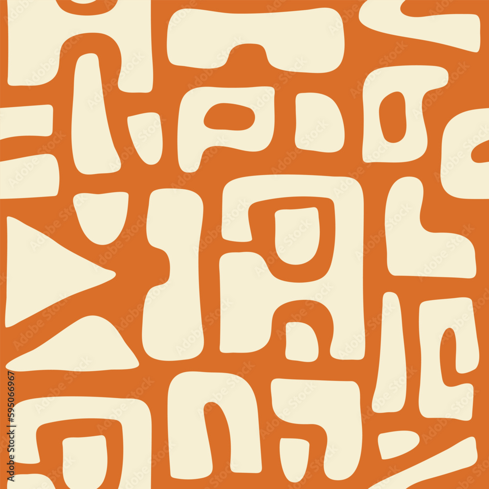Abstract seamless pattern with beige organic cut out shapes on a orange ...