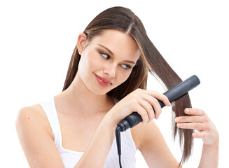 Wall Mural - Woman, hair and flat iron with beauty and cosmetic care isolated on transparent, png background. Female model with salon equipment, electric straightener and styling with haircare, keratin and shine