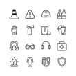 Work safety, linear style icons set. Equipment for protection. Observance of safety in the workplace. Working in a hazardous workplace. Editable stroke width