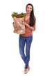 © Bharat/peopleimages.com - Woman, groceries and shopping with smile in portrait for discount, sale or customer experience. Isolated model, girl and grocery bag with happiness, fruits or vegetables by transparent png background