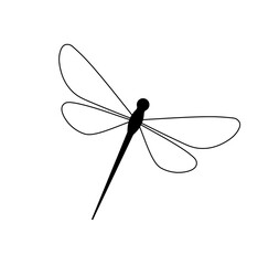 Wall Mural - Vector isolated one single simplest symmetrical dragonfly with black body and four wings colorless black and white contour line easy drawing