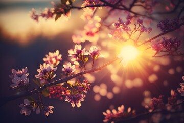 Sticker - A stunning springtime backdrop with blossoming trees and bright sun rays. Generative AI