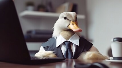 Generative AI depicts a duck in a suit and tie working at the office.