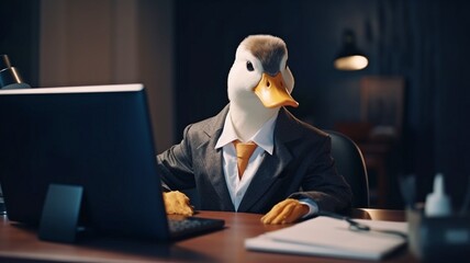 Generative AI depicts a duck in a suit and tie working at the office.