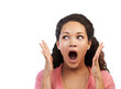 Winner, wow and excited woman with hands on isolated, transparent and png background. Surprised, announcement and girl shocked by news of sale, deal or discount, omg and open mouth emoji expression