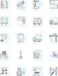 Suburban sprawl linear icons set. Sprawl, Urbanization, Expansion, Development, Subdivisions, Conurbation, Commuting line vector and concept signs. Transportation,Zoning,Dispersal outline