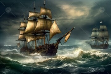 Wall Mural - Digital painting of ancient warships traveling on rough seas. Generative AI