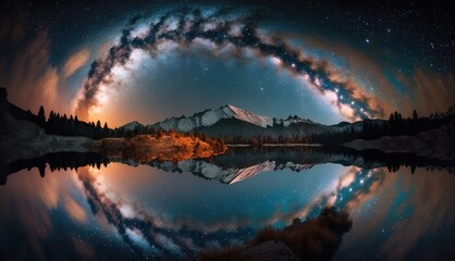 Wall Mural - Amazing scenery with the Milky Way reflected in the lake. Generative AI